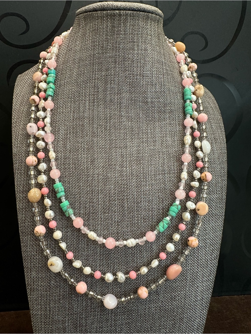 Multi-Strand Pink Coral & Turquoise Beaded Necklace - Women Jewelry
